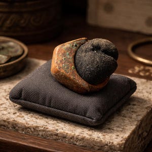 Puede incluir: Un anillo único con una piedra oscura y texturizada engastada en una banda envejecida de tono cobre. El anillo descansa sobre un pequeño cojín cuadrado gris oscuro, mostrando su apariencia antigua. El diseño del anillo sugiere una joya vintage o artesanal.
