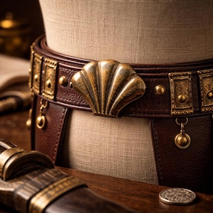 May include: A brown leather belt with a large, ornate, gold-colored seashell buckle. The belt has decorative gold accents and is displayed on a mannequin. The belt is a fashion accessory.