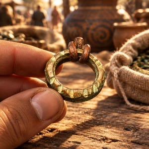 May include: A circular metal ring featuring a weathered, oxidized bronze finish with a textured, hammered surface. The ring is adorned with two smaller, dark copper-toned loops attached to the top, creating a distinct, rustic, and aged appearance.