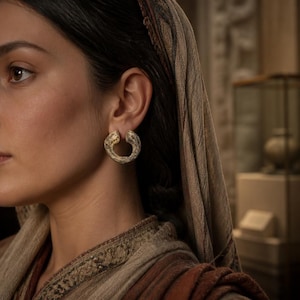 May include: Close-up of a woman wearing a pair of gold-colored hoop earrings. The earrings have a textured, organic design. The woman is wearing a head covering and a patterned garment. The background is blurred, suggesting an indoor setting.