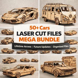 May include: A selection of laser-cut wooden car models, including a sports car and a van, presented on a neutral backdrop. The image includes a banner with the text "50+ Cars LASER CUT FILES MEGA BUNDLE".