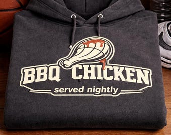 Sweat à capuche de basket-ball poulet barbecue | Pull épais noir délavé | Graphique de basket-ball de rue | Compagnie de troisième ligne