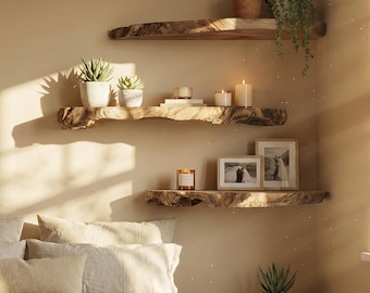 Natural Solid Wood Floating Wall Shelves For Kitchen Living Room Organic Wooden Storage Plant And Decor Display Nature Inspired Wall Decor