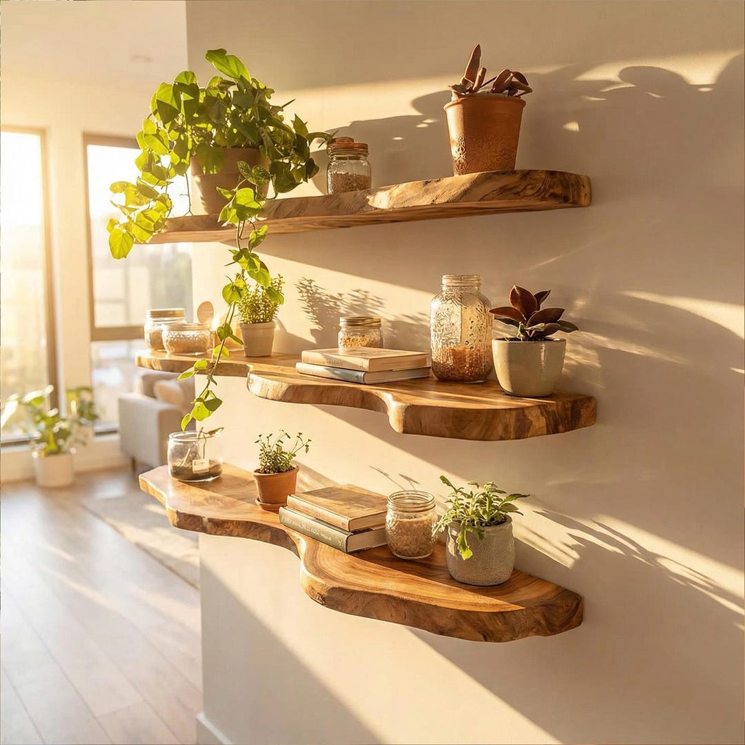 Rustic Solid Wood Floating Wall Shelf for Living Room Bedroom Book ...