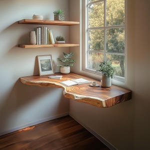 Puede incluir: Un escritorio y estanterías de esquina de madera con un borde natural. El escritorio y las estanterías están adornados con libros, plantas y una foto enmarcada. El escritorio es de madera de tonos cálidos. Una ventana con vista a los árboles está en el fondo.