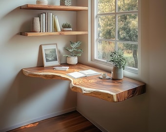 Prateleira flutuante rústica em madeira maciça natural, estilo casa de campo, ideal para decoração e presente de boas-vindas.