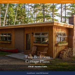 May include: A one-story cabin with vertical wood siding and brick accents, featuring two windows with flower boxes, a front door, and a red canoe. Two wooden chairs sit on the porch, with a dog resting nearby and a stack of firewood to the side.