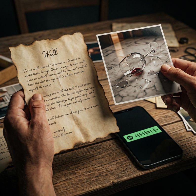 Puede incluir: Una naturaleza muerta con una carta manuscrita, una fotograf&iacute;a de una copa de vino rota y un tel&eacute;fono inteligente que muestra un c&oacute;digo de Spotify, todo sobre una superficie de madera. La carta est&aacute; envejecida, con la palabra "Will" en la parte superior.