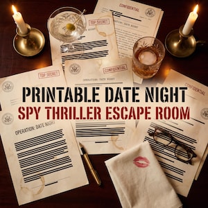 May include: A tabletop scene featuring a printable date night spy thriller escape room game. The image includes documents, a martini, a glass of whiskey, a lipstick-stained napkin, glasses, and lit candles in brass holders. The text on the documents reads "Confidential" and "Top Secret".