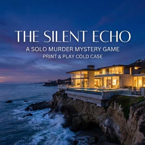 May include: A solo murder mystery game titled "The Silent Echo" is advertised against a backdrop of a modern house perched on a cliff overlooking the ocean at dusk. The text reads "Print & Play Cold Case".