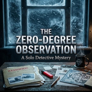 May include: A detective-themed image with the text "THE ZERO-DEGREE OBSERVATION: A Solo Detective Mystery." The scene includes a mug, documents, a map, and a classified file on a wooden desk, with a snowy window in the background.