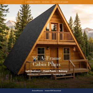 Op de afbeelding: Een digitaal document met 36-voet A-frame hutplannen inclusief een loft-slaapkamer, veranda en balkon. De omslag toont een houten A-frame hut in een bos, inclusief 3 tekenbladen, 20 pagina's, een materialenlijst en een kostenraming.