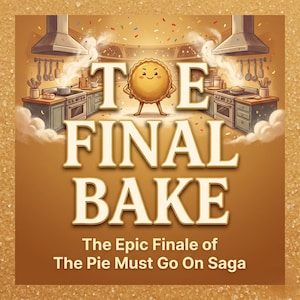 May include: Illustration featuring the text "THE FINAL BAKE" with a pie character. The image has a warm color palette with a kitchen scene in the background. The text "The Epic Finale of The Pie Must Go On Saga" is also included.