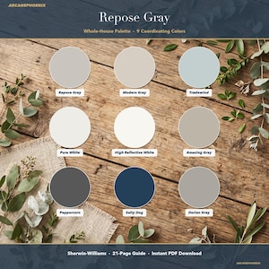 Paleta de colores para toda la casa Sherwin-Williams Repose Gray / Colores coordinados SW 7015 / Esquema de pintura de 9 colores / Descarga digital en PDF