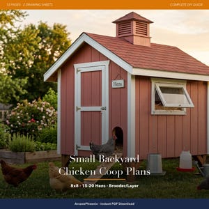May include: A small backyard chicken coop with red vertical siding, a red shingled roof, a white-trimmed door, and a cupola. A sign labeled 'Hens' hangs near the door. The structure features a hinged window, a ramp, and a metal feeder.
