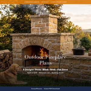 Puede incluir: Planos de chimenea exterior con 2 hojas de dibujo y 18 páginas. La guía incluye 4 diseños: piedra, bloque, ladrillo y piedra plana, con parrilla integrada, lista de materiales y guía de construcción. El texto dice Outdoor Fireplace Plans.