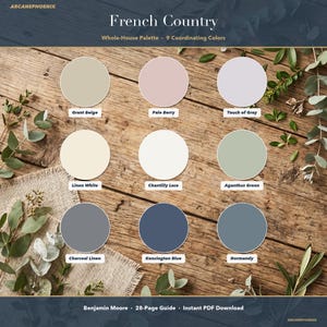 May include: A color palette guide titled French Country Whole-House Palette featuring nine circular color swatches labeled Grant Beige, Pale Berry, Touch of Gray, Linen White, Chantilly Lace, Aganthus Green, Charcoal Linen, Kensington Blue, and Normandy.