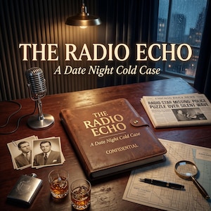May include: A vintage-themed scene featuring a leather-bound book titled "The Radio Echo: A Date Night Cold Case" with a microphone, old photos, a flask, and glasses of whiskey. A newspaper and map are also present, creating a detective or mystery theme.