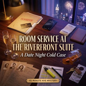 May include: A dimly lit scene with a desk featuring a folder marked "CLASSIFIED", a smartphone, champagne flutes, and suspect profiles. Text reads "ROOM SERVICE AT THE RIVERFRONT SUITE" and "A Date Night Cold Case". A spilled drink and "DO NOT DISTURB" sign add to the mystery.