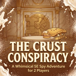 May include: Illustration for "The Crust Conspiracy," a whimsical 5E spy adventure for two players. The image features a pie character with an angry expression, a cake, and a bank vault door. The title is in large, bold letters.