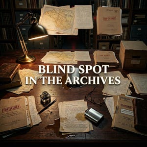 May include: A detailed image of a desk with the text "BLIND SPOT IN THE ARCHIVES." The desk is covered in maps, documents, a lamp, a flask, and files marked "TOP SECRET" and "CONFIDENTIAL." The scene suggests a historical or investigative theme.