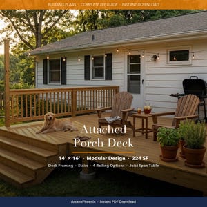 Könnte beinhalten: Eine hölzerne Veranda mit einem modularen Design von 14' x 16', insgesamt 224 Quadratfuß. Die Terrasse verfügt über Treppen, Geländer und Texteinblendungen wie 'Building Plans', 'Complete DIY Guide', 'Instant Download' und 'Attached Porch Deck'.