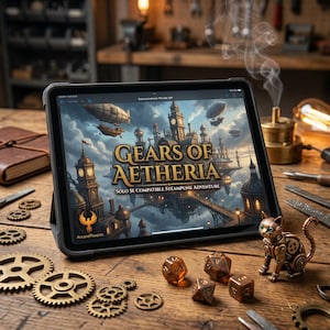 Puede incluir: Una tableta muestra el juego "Gears of Aetheria", una aventura steampunk. La imagen incluye dados, una figura de gato mecánico, engranajes y un libro encuadernado en cuero sobre una mesa de madera. El logo del juego presenta un fénix.