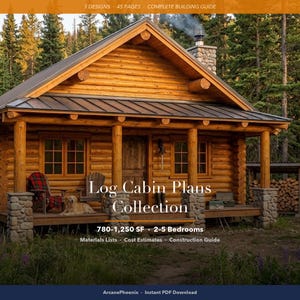 Peut inclure: Un chalet en bois avec une véranda couverte, des piliers en pierre et un toit en métal. Le texte indique : 3 DESIGNS 45 PAGES COMPLETE BUILDING GUIDE, Log Cabin Plans Collection, 780-1,250 SF 2-5 Bedrooms, Materials Lists Cost Estimates, ArcanePhoenix.