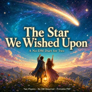 May include: A digital illustration titled The Star We Wished Upon, A No-DM Duet for Two. Two figures stand in a flower-filled field at twilight, reaching toward a bright shooting star in a starry sky. The text Two Players - No DM Required - Printable PDF appears at the bottom.