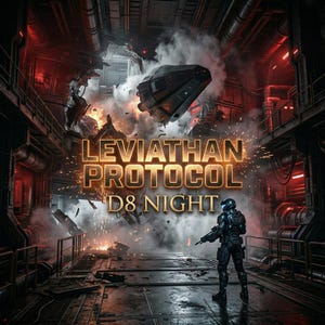 May include: A digital artwork showing a futuristic sci-fi scene with the text "LEVIATHAN PROTOCOL D8 NIGHT". A spaceship explodes in a fiery environment. A soldier in a spacesuit stands on a metal platform, holding a weapon.
