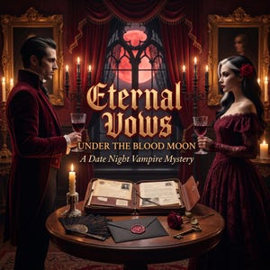 Puede incluir: Una escena romántica con un hombre y una mujer en una habitación tenue, sosteniendo copas de vino. La imagen presenta el texto "Eternal Vows" y "Under the Blood Moon, A Date Night Vampire Mystery". Una mesa contiene un libro, un abanico y un sobre sellado.