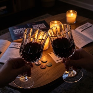 Puede incluir: Dos copas de vino de cristal llenas de vino tinto se alzan en un brindis. Las copas est&aacute;n frente a una escena tenue con velas y un juego de mesa titulado "Murder Mystery Date Night."