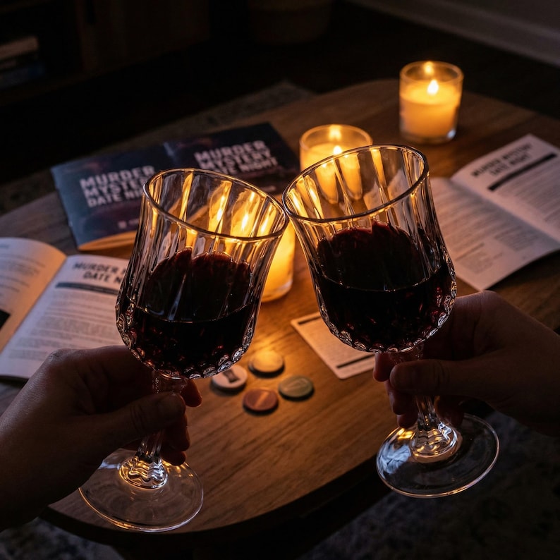 Puede incluir: Dos copas de vino de cristal llenas de vino tinto se alzan en un brindis. Las copas est&aacute;n frente a una escena tenue con velas y un juego de mesa titulado "Murder Mystery Date Night."