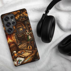 May include: A phone case featuring a detailed illustration of a medieval tavern scene. The artwork includes a fireplace, tables with food and maps, and a woman serving drinks. Black headphones are placed next to the phone.