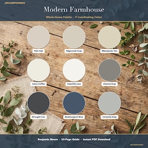 以下が含まれることがあります： Modern Farmhouseと題されたカラーパレットガイド。Pale Oak、Edgecomb Gray、Manchester Tan、Swiss Coffee、Chantilly Lace、Chelsea Gray、Wrought Iron、Newburyport Blue、Coventry Grayとラベル付けされた9つの円形ペイント見本が掲載されています。