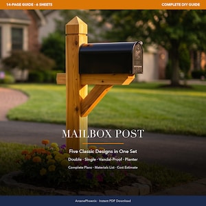 Peut inclure: Une boîte aux lettres en métal noir montée sur un poteau en bois brun clair. Le texte sur l'image indique : MAILBOX POST, Five Classic Designs in One Set, Double, Single, Vandal-Proof, Planter, Complete Plans, Materials List, Cost Estimate.