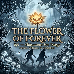Puede incluir: Portada de libro de fantasía con el título "The Flower of Forever" en letras doradas. La imagen presenta una flor brillante, siluetas de dos figuras y el texto "Ep1 - Midsummer Fey Trilogy". El fondo es una escena de bosque.