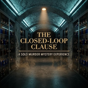 May include: A moody interior scene of a stone-walled room with glass cabinets filled with bottles. The text "THE CLOSED-LOOP CLAUSE" is displayed in gold lettering, with the tagline "A SOLO MURDER MYSTERY EXPERIENCE" below.