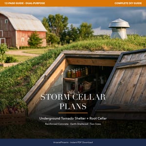 May include: A 12-page DIY guide for storm cellar plans featuring an underground tornado shelter and root cellar. The image shows a concrete entrance with wooden doors, shelves with jars, and text: STORM CELLAR PLANS, Underground Tornado Shelter + Root Cellar.