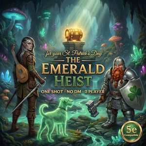 Puede incluir: Ilustración fantástica para el juego "The Emerald Heist", con temática del Día de San Patricio. Presenta una elfa con un laúd, un enano con un martillo y un perro verde brillante. El fondo muestra un cofre del tesoro y una cueva.