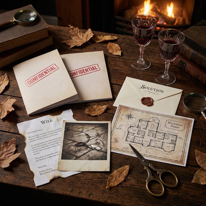 Puede incluir: Una escena de &eacute;poca con un mapa, documentos y copas de vino. La palabra "CONFIDENTIAL" est&aacute; estampada en dos folletos. Tambi&eacute;n hay un mapa de "Blackwood Manor" y una carta. Un par de tijeras y una lupa est&aacute;n sobre la mesa de madera.