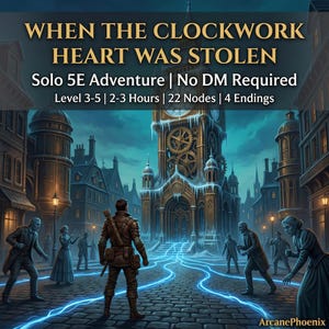 May include: An illustrated book cover for a fantasy adventure game. The image features a detailed cityscape with a large clock tower, a central figure with a bow, and several other characters. Text on the cover reads "WHEN THE CLOCKWORK HEART WAS STOLEN".