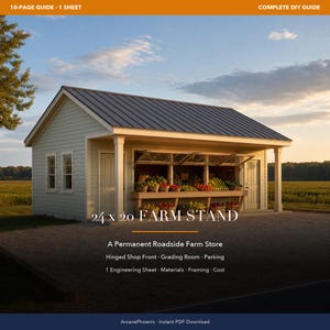 May include: A 24 x 20 farm stand building with light green siding and a dark metal roof. The structure features a hinged shop front displaying baskets of produce, a side door, and windows. Text reads: 24 x 20 FARM STAND, A Permanent Roadside Farm Store.