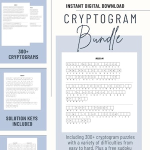 Könnte beinhalten: Ein digitales Download-Bundle mit Kryptogramm-Rätseln und einem Sudoku-Bundle. Das Bild zeigt verschiedene Rätsel, darunter Kryptogramme und Sudokus, mit Lösungsschlüsseln. Der Text lautet "300+ Kryptogramme" und "50+ Sudoku-Bundle".