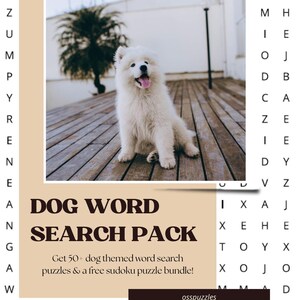May include: A fluffy white dog sits on a wooden deck, with its tongue out. The image is part of a Dog Word Search Pack, which includes 50+ dog-themed word search puzzles and a free sudoku puzzle bundle. The seller's name is osspuzzles.