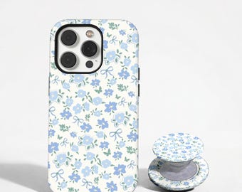 Blue Floral Bow Phone Case, Ditsy Flower Cottagecore Cover, Vintage Botanical Coquette Case, iPhone 17 16 15 14 13 12 11, Samsung S26 S25