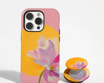 Pink Orange Floral Phone Case, Abstract Sunset Flower Cover, Retro Botanical Case, iPhone 17 16 15 14 13 Pro Max, Samsung S26 S25 Ultra