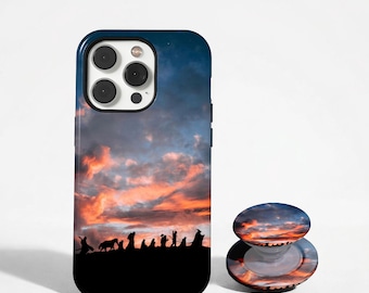 Mystical Elven Landscape Phone Case, Fantasy Fellowship & Power Rings Design, Sunset Silhouette Phone Case, iPhone 17 16 15 14, Samsung S26