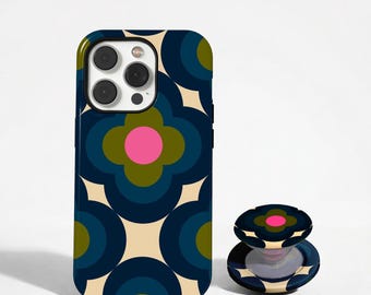 Retro Floral Phone Case, Mod Flower iPhone Case, 70s Groovy Cover, Navy Blue Vintage Pattern, iPhone 17 16 15 14 13 12 Pro Max, Samsung S26