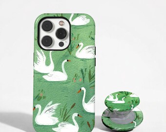 Swans Phone Case, Bird Lover Gifts, Green Phone Case, Vintage Watercolor Bird Cover, iPhone 17 16 15 14 13 12 11, Samsung S26 S25 S24 S23
